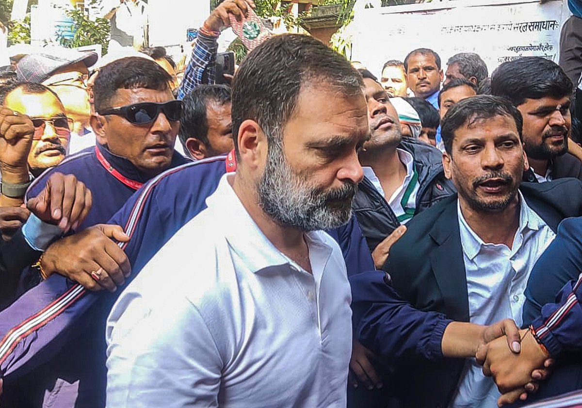 PTI : Congress leader Rahul Gandhi arrives at the district court, in Sultanpur, Tuesday, Feb. 20, 2024. 