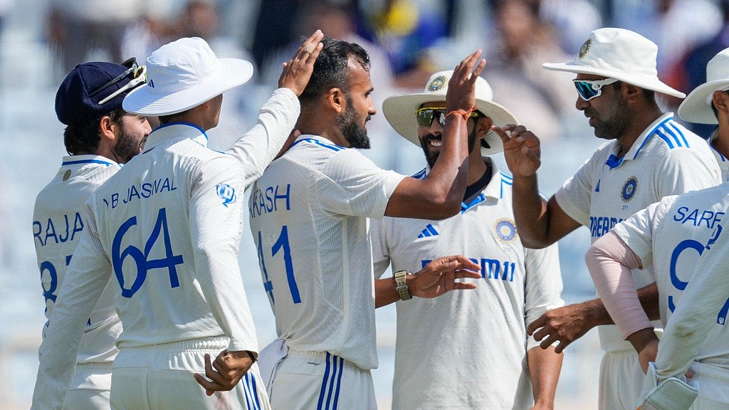India's Akash Deep, third left, celebrates the wicket of England's Zak Crawley on Day 1 of the fourth Test in Ranchi, February 23, 2024. - AP