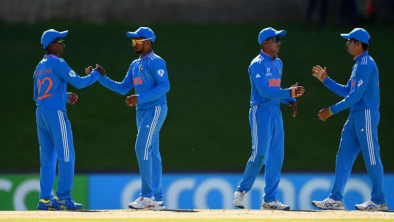 India players celebrate after the team's victory during the ICC U19 Men's Cricket World Cup 2024. - Photo Courtesy: ICC