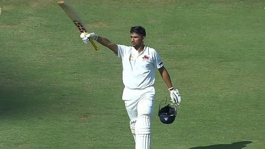 (Photo: X|IDCForum) : Mumbai's Musheer Khan celebrates maiden First-Class career century for Ranji trophy 2024 Quarter-Final match against Baroda.