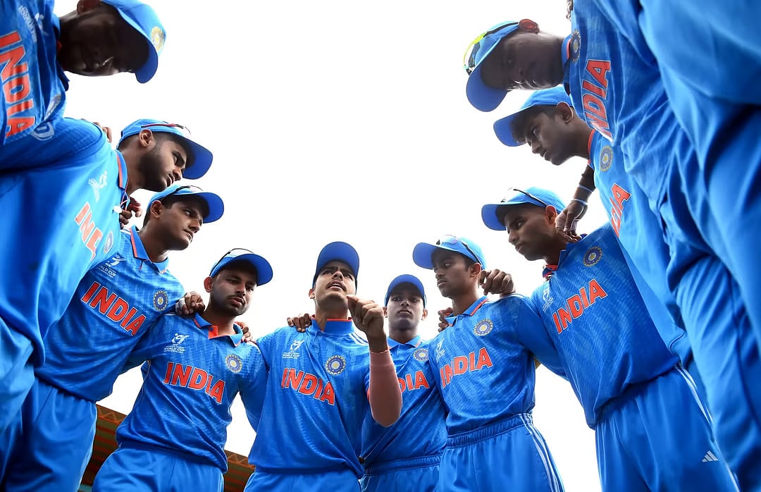Photo: X/BCCI : The Indian team in action during their match against Nepal at the ICC Under-19 Cricket World Cup 2024 in Bloemfontein on February 2.