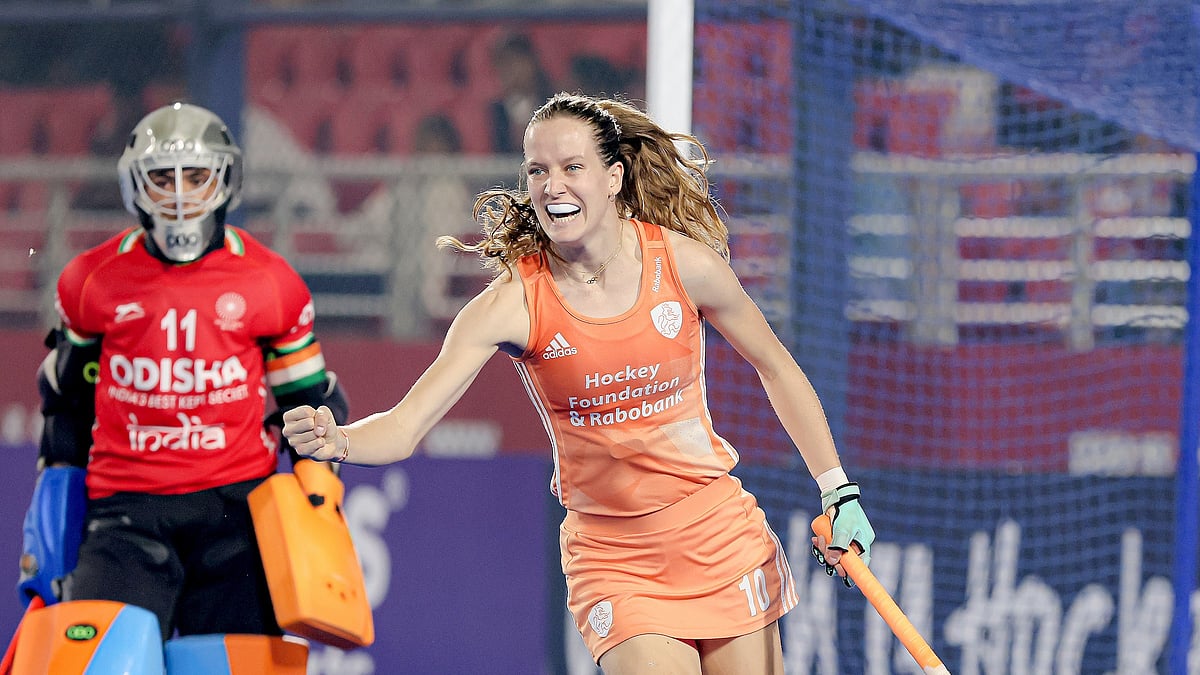 (Photo: X|FIH_Hockey)  : Team Netherland's Felice Albers celebrates the team's 10th win in a row in season 5 of Women's FIH Pro League, February 14, 2024. 