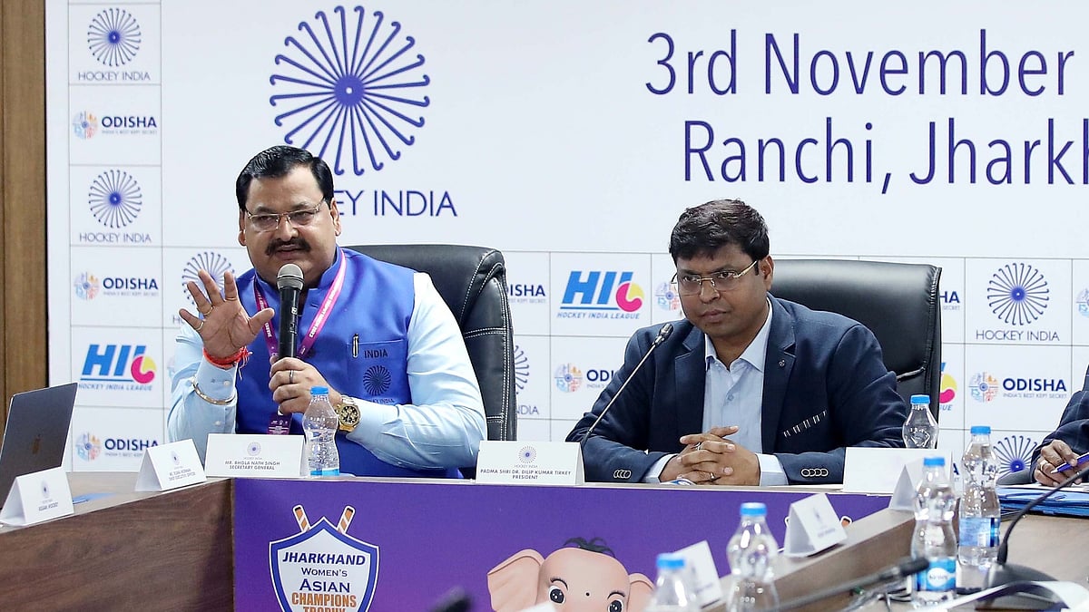 Hockey India : File photo of president Dilip Tirkey (right) and secretary general Bhola Nath Singh at the 13th Hockey India Congress in Ranchi on November 3, 2023.