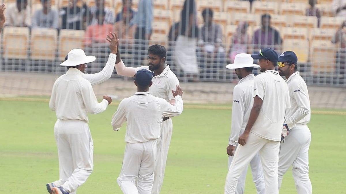 X (TNCACricket) : Tamil Nadu players celebrate the fall of a Karnata wicket during their Ranji Trophy 2024 Elite Group C match in Chennai.