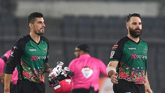 Photo Courtesy: X/@BCBtigers : Sylhet Strikers' players after winning by 5 wickets in their last game against Durdanto Dhaka in BPL 2024.
