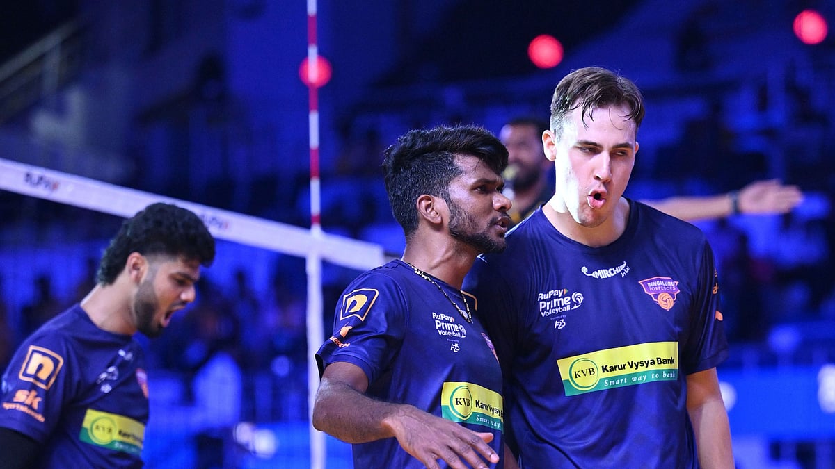 Prime Volleyball League : Thomas Heptinstall (right) in action for Bengaluru Torpedoes during the Prime Volleyball League 2024 in Chennai.