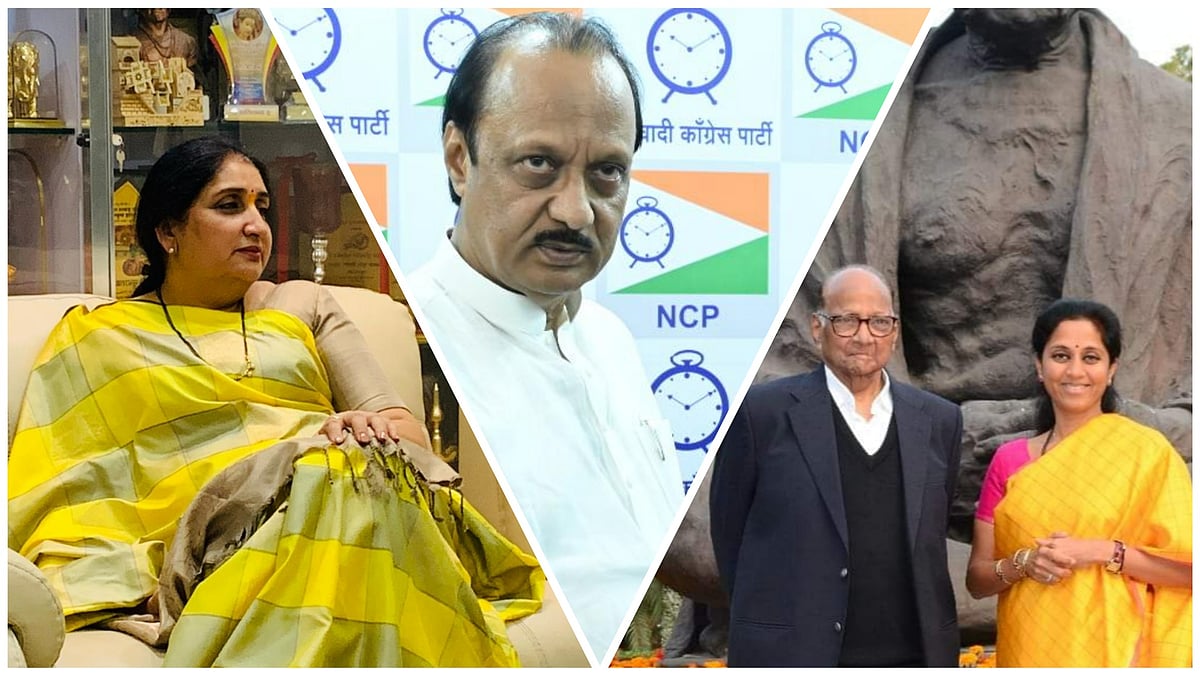 sunetrapawar.com and X/@AjitPawarSpeaks and @PawarSpeaks
 : L to R: Ajit Pawar's wife Sunetra | Ajit Pawar | Sharad Pawar and Supriya Sule