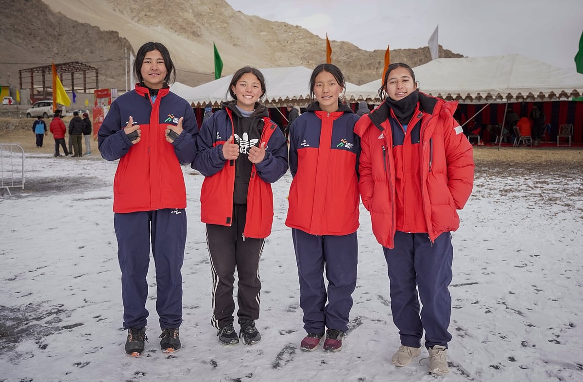 The Ladakh women’s team that won the 1600m short track relay gold on Day 5 of the Khelo India Winter Games 2024 in Leh on (Photo: DIPR – Ladakh)  - Monday. 