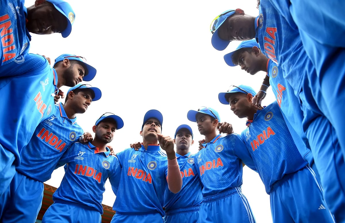 Photo: X/BCCI : The Indian team in action during their match against Nepal at the ICC Under-19 Cricket World Cup 2024 in Bloemfontein on February 2. 