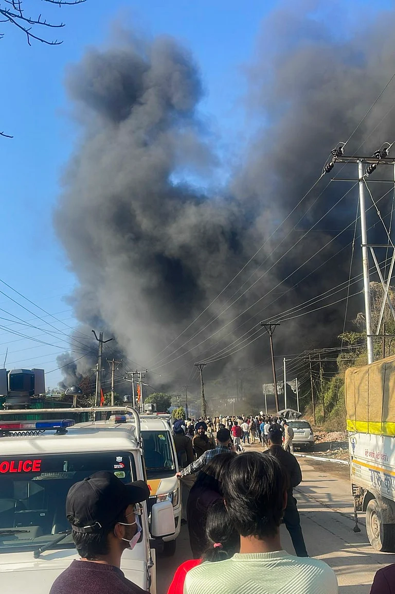 A massive fire at NR Aroma’s perfume factory in Solan. - PTI