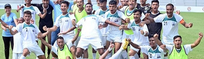 (Photo: X|Indian Football Team)  : Meghalaya Football Team celebrates their first semi finals entry at Santosh trophy in 2023. 