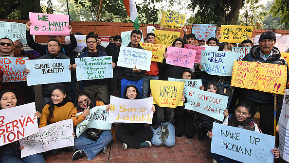 Members of the Ladakh Students Association Delhi during a mass protest demanding the 6th schedule for the Union Territory of Ladakh at Delhi. - Getty Images