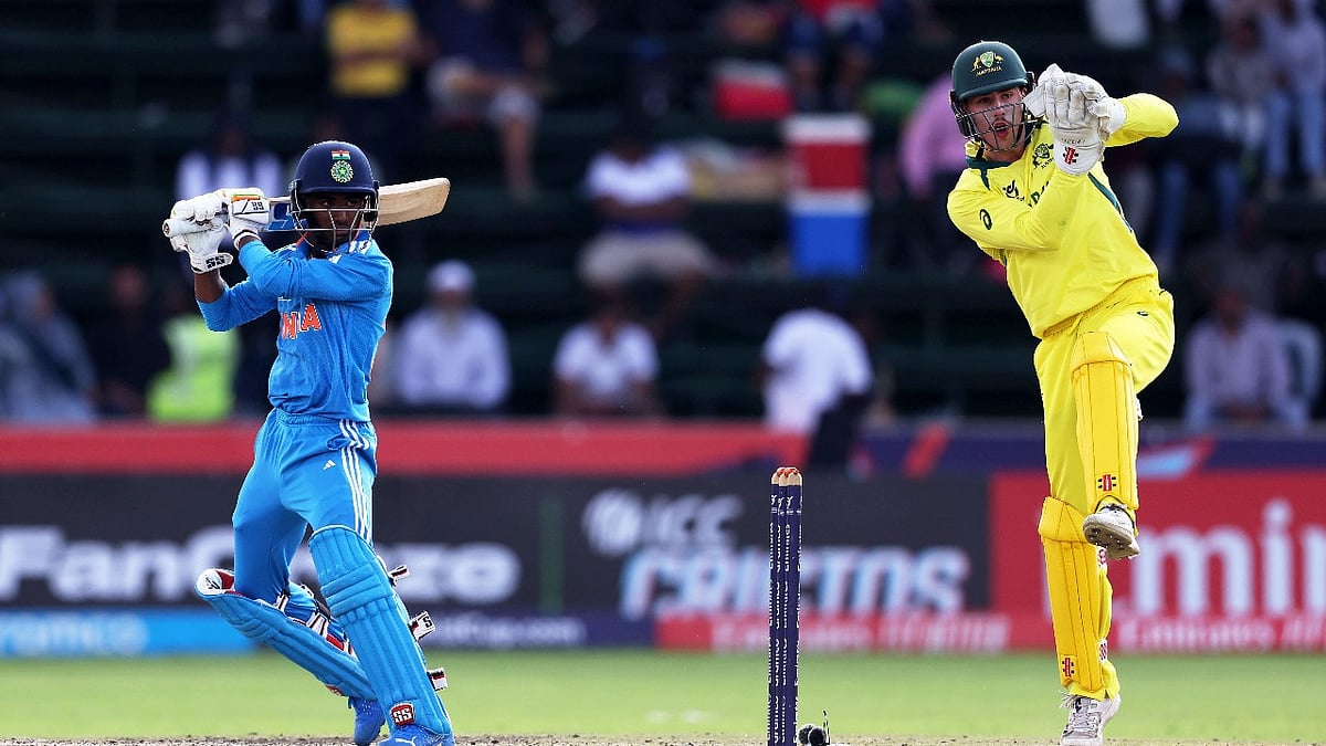 Murugan Abhishek of India plays a shot during their ICC Men's U-19 Cricket World Cup 2024 final against Australia in Benoni, South Africa. - Photo Courtesy: ICC