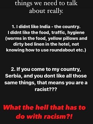 Instagram story of the Serbian Tennis player, Dejana Radanovic. 