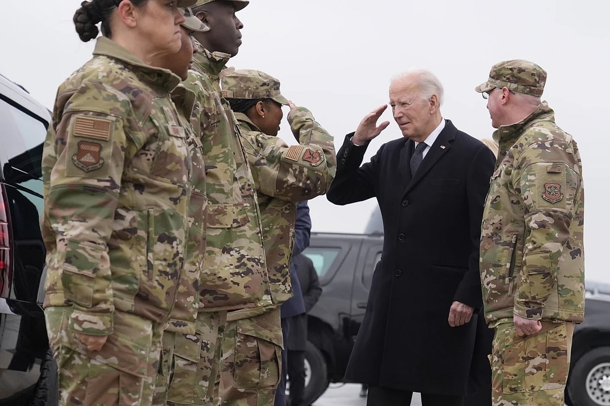 President Joe Biden greets service members after arriving at Dover Air Force Base, Del Friday, Feb. 2, 2024. - AP Photo/Alex Brandon