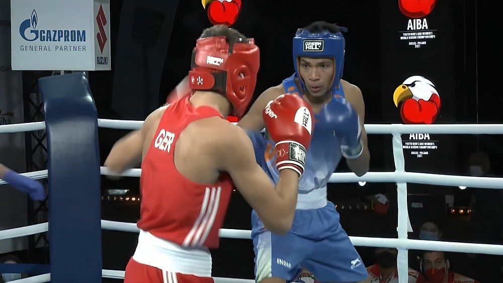 Courtesy: BFI : File photo of Indian boxer Akash Gorkha in action.