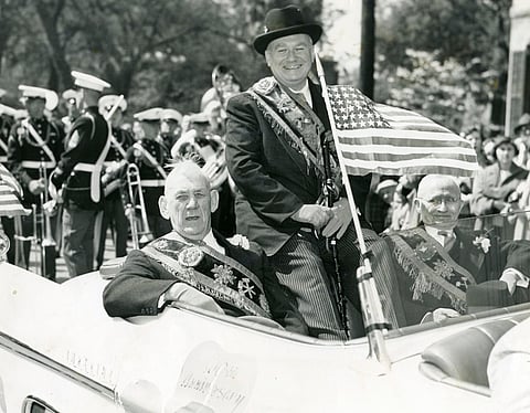 This March 17, 1956 photo shows, from left, Joseph A. Rossiter, Edward A. Leonard, and Charles F. Powers riding in the annual Savannah St. Patrick's Day Parade.