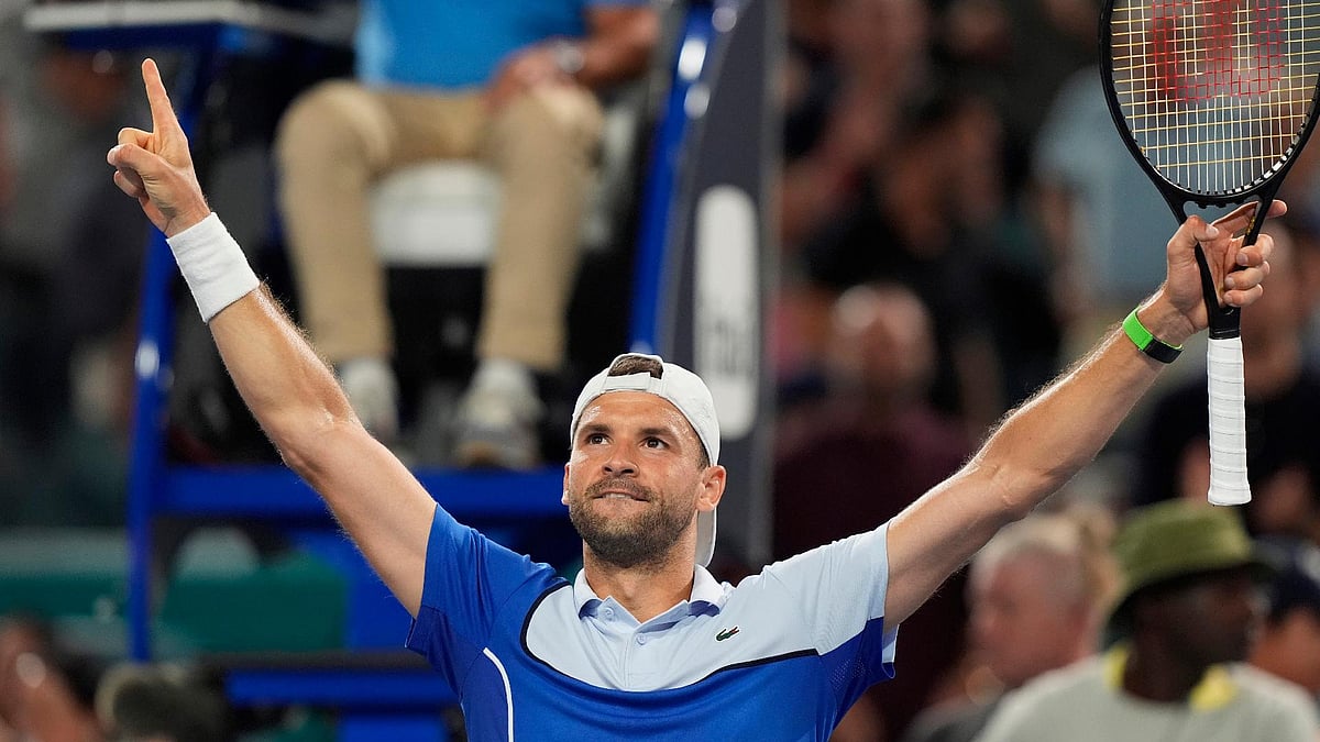 Grigor Dimitrov of Bulgaria celebrates after defeating Carlos Alcaraz  - (Marta Lavandier/AP)
