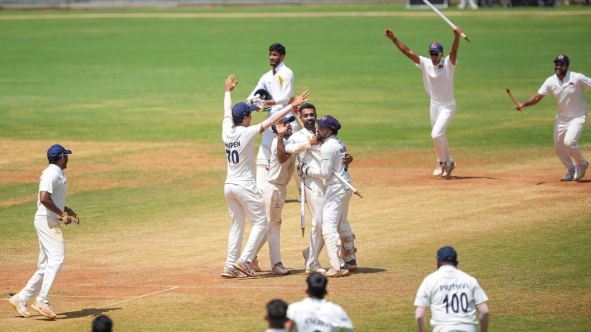 Mumbai players celebrate their Ranji Trophy 2024 final victory against Vidarbha, at the Wankhede Stadium on March 14. - PTI/Shashank Parade