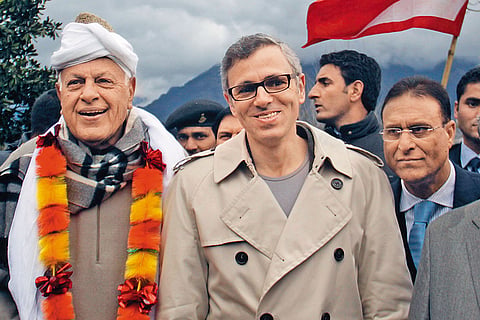 Farooq Abdullah and Omar Abdullah during an election rally in 2014