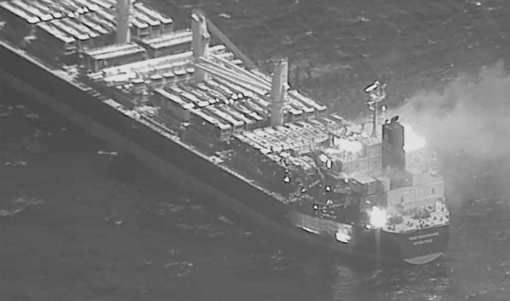 AP : FILE - This black-and-white image released by the U.S. military's Central Command shows the fire aboard the bulk carrier True Confidence after a missile attack by Yemen's Houthi rebels in the Gulf of Aden on Wednesday, March 6, 2024. 