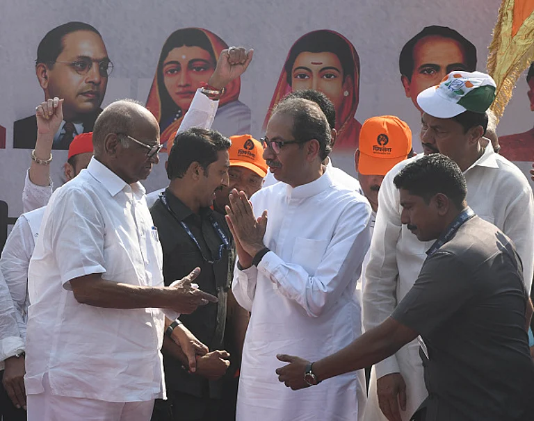 Shiv Sena chief Uddhav Thackeray gestures as he delivers a speech during a rally of Maha Vikas Aghadi (MVA) supporters, in Mumbai on May 01, 2023. - Sankhadeep Banerjee/NurPhoto via Getty Images