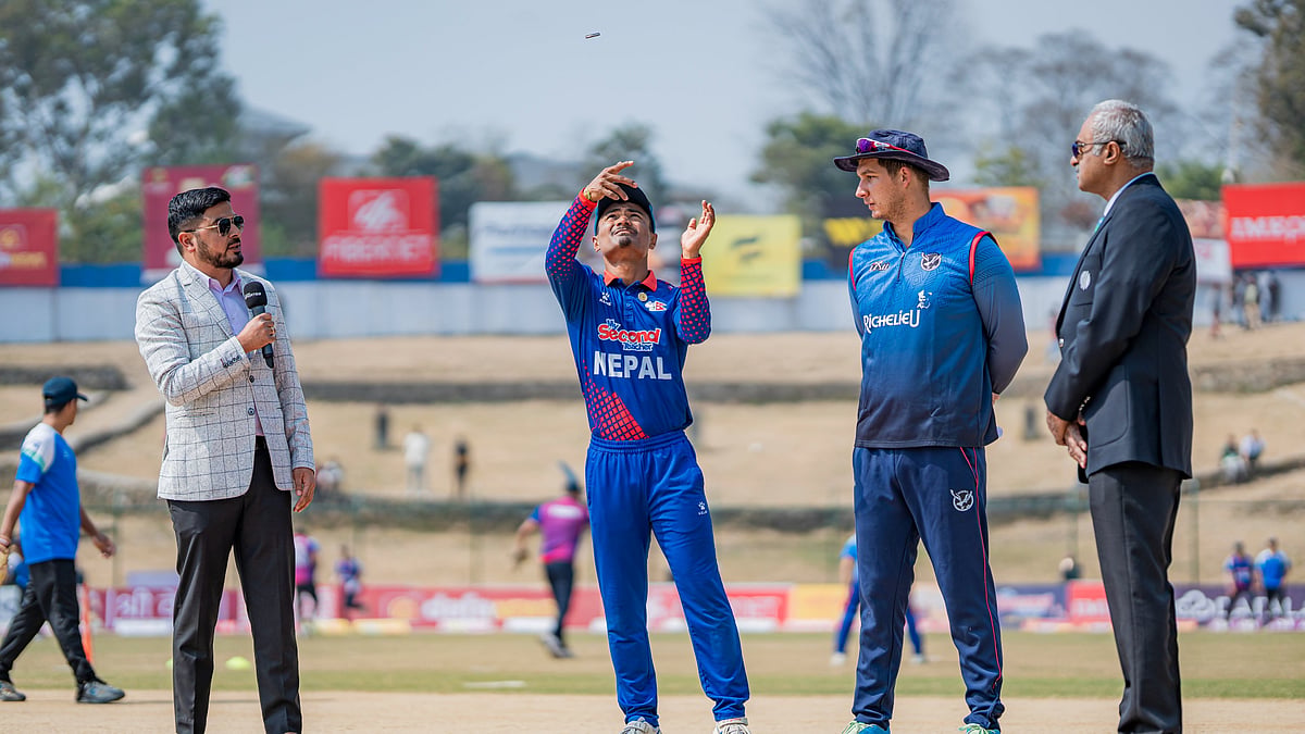 X/CricketNep : Captains Rohit Paudel (second from left) and JJ Smit (third from left) at the toss for the Nepal vs Namibia T20I match in the tri-series tournament at Kirtipur on March 1, 2024.