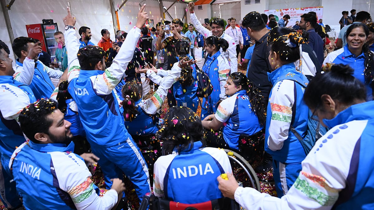 Photo: X/ @ShootingPara : Indian para shooters' team celebrating finishing third in the medal tally on the final day of the tournament.