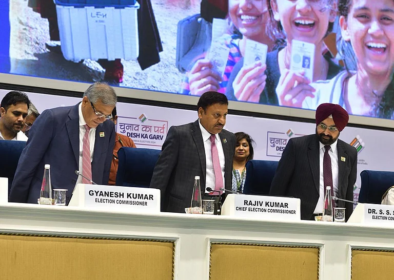 CEC Rajiv Kumar Along with election Commissioners Gyanesh Kumar and Sukhbir Singh Sandhu announced the dates for Lok sabha elections and for state assemblies. - Outlook/Tribhuvan Tiwari