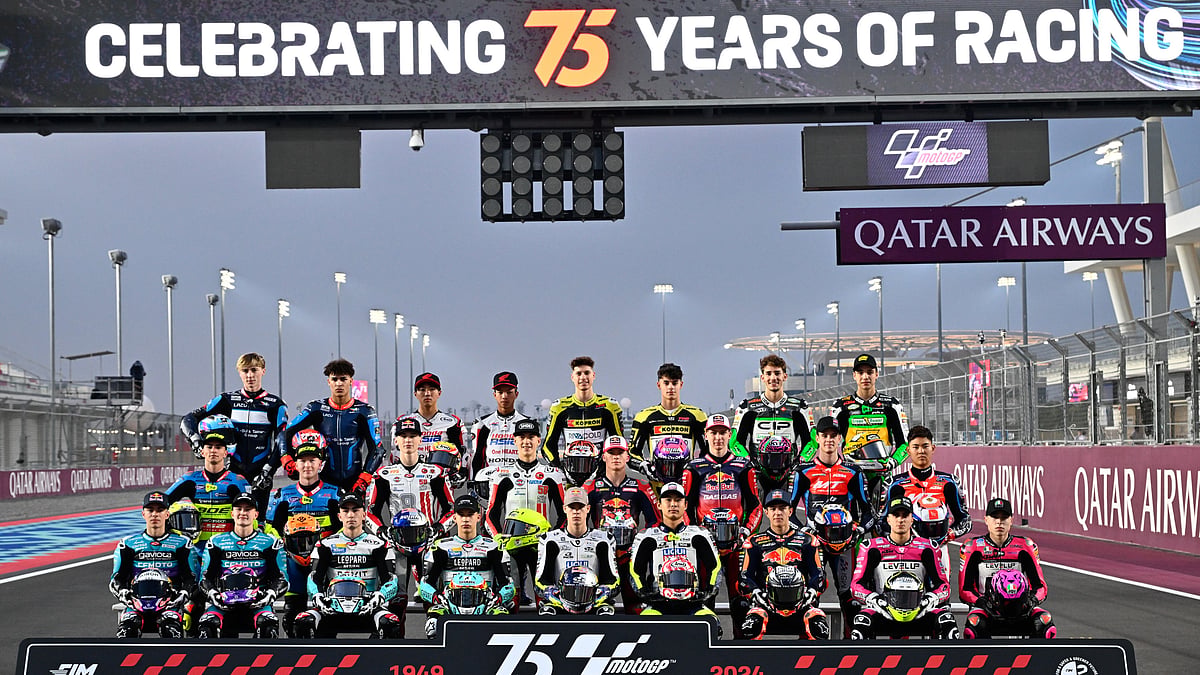 (Photo: X|MotoGP) : MotoGP riders ahead of the 2024 Grand Prix of Qatar at Lusail International Circuit. 