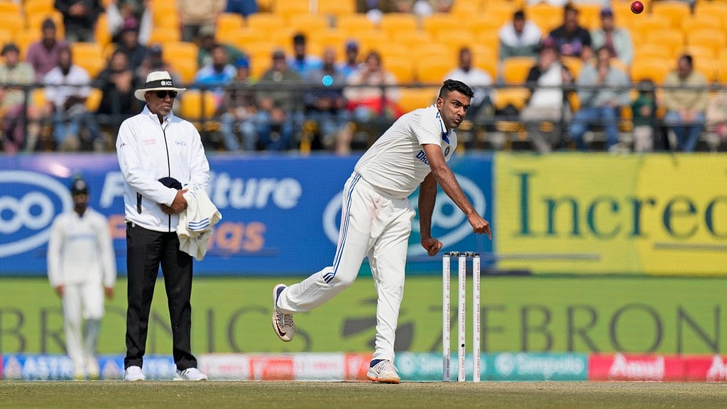 Ravichandran Ashwin bowls on the first day of the fifth Test match between England and India in Dharamsala. - AP/Ashwini Bhatia