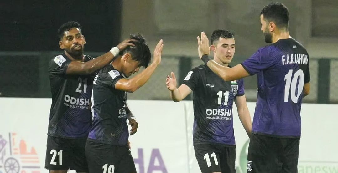 PTI : Odisha FC players celebrating after 6-1 win over Maziya in AFC Cup 2023-24