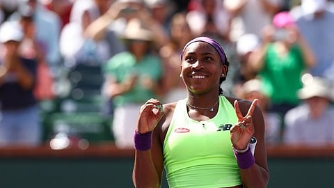 Coco Gauff celebrates win over Elise Mertens to enter quarterfinals of BNP Paribas Open on her 20th birthday on March 13, 2024, at Indian Wells.  