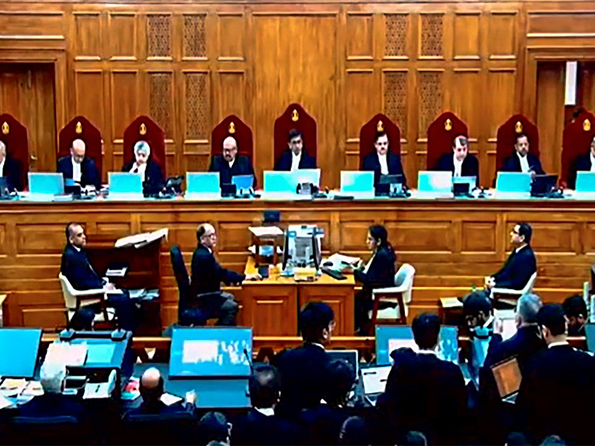 PTI/File : A five-judge constitution bench of India headed by Chief Justice of India D.Y. Chandrachud hears on the Electoral Bonds case, in New Delhi, Friday, March 15, 2024. 