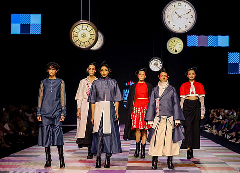 Models walk the ramp presenting the creations of the students of Inter National Institute of Fashion Design (INIFD) during the Fashion Design Council of India (FDCI) X Lakme Fashion Week (LFW), in Mumbai, Wednesday, March 13, 2024.