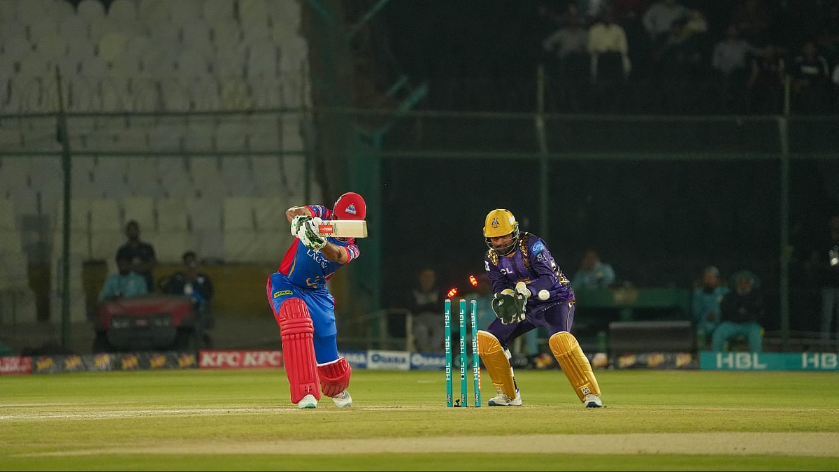 Photo: X/ @thePSLt20 : Karachi Kings' skipper Shan Masood was dismissed by Akeal Hosein in the match against Quetta Gladiators in PSL 2024.