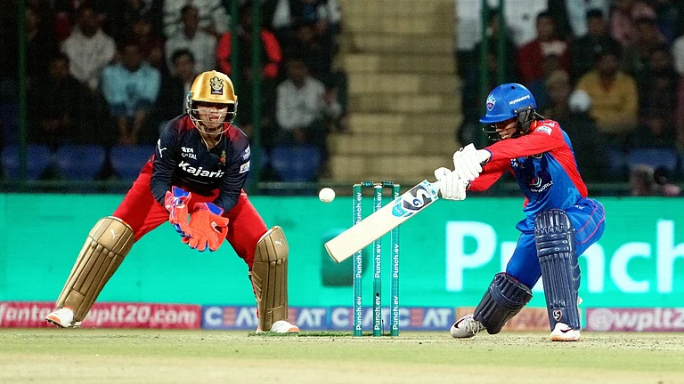 Delhi Capitals batter Jemimah Rodrigues plays a shot during the Women's Premier League (WPL) 2024 cricket match between Delhi Capitals and Royal Challengers Bangalore at Arun Jaitley Stadium, in New Delhi, Sunday, March 10, 2024. - PTI Photo/Atul Yadav