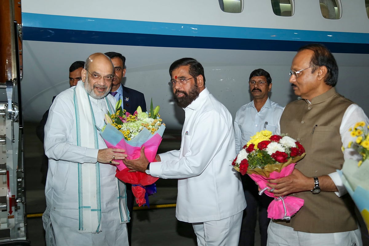 PTI : Union Home Minister Amit Shah being received by Maharashtra Chief Minister Eknath Shinde and Deputy Chief Minister Ajit Pawar upon his arrival in Mumbai, Tuesday, March 5