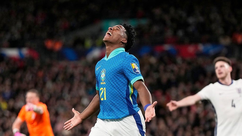 Endrick celebrates after scoring the winning goal during the international friendly match between England and Brazil at Wembley Stadium in London. - AP/Alastair Grant