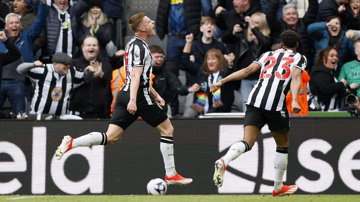 (Richard Sellers/PA) : Newcastle United’s Harvey Barnes celebrates his winner.