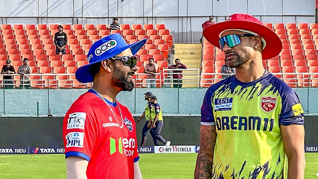 Captains Rishabh Pant (left) and Shikhar Dhawan chat ahead of the Indian Premier League 2024 match between Delhi Capitals and Punjab Kings in Mullanpur.  - X/Delhi Capitals