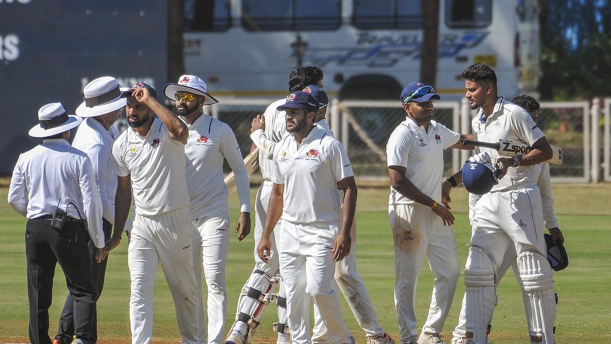 Team Mumbai celebrates their win over Tamil Nadu in the Ranji Trophy 2024 semi-final cricket match, in Mumbai, on March 4, Monday 2024.  - (PTI Photo) 