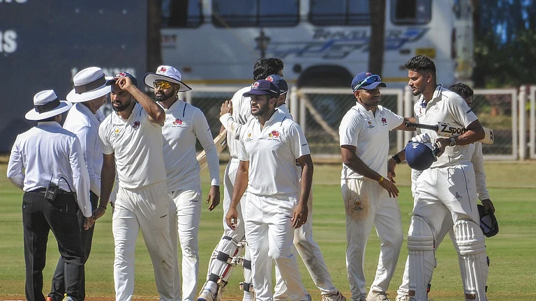Team Mumbai celebrates their win over Tamil Nadu in the Ranji Trophy 2024 semi-final cricket match, in Mumbai, on March 4, Monday 2024. - (PTI Photo)