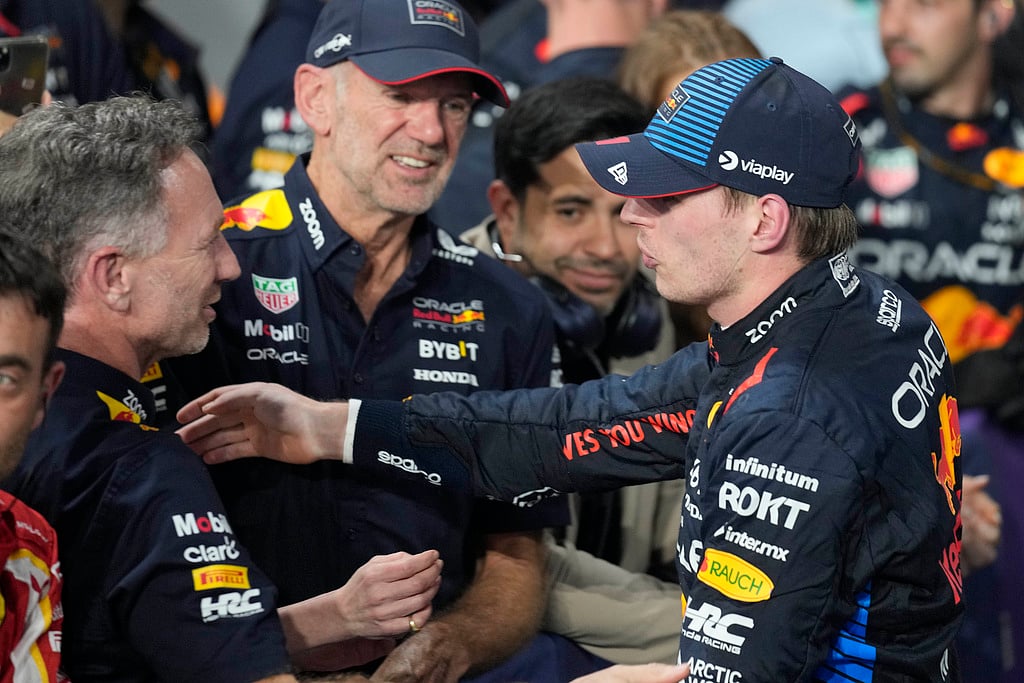 Red Bull driver Max Verstappen of the Netherlands celebrates with Red Bull team principal Christian Horner after winning the Formula One Saudi Arabian Grand Prix at the Jeddah Corniche Circuit, in Jeddah, Saudi Arabia, Saturday, March 9, 2024. (AP Photo/Darko Bandic)


 - AP, Darko Bandic