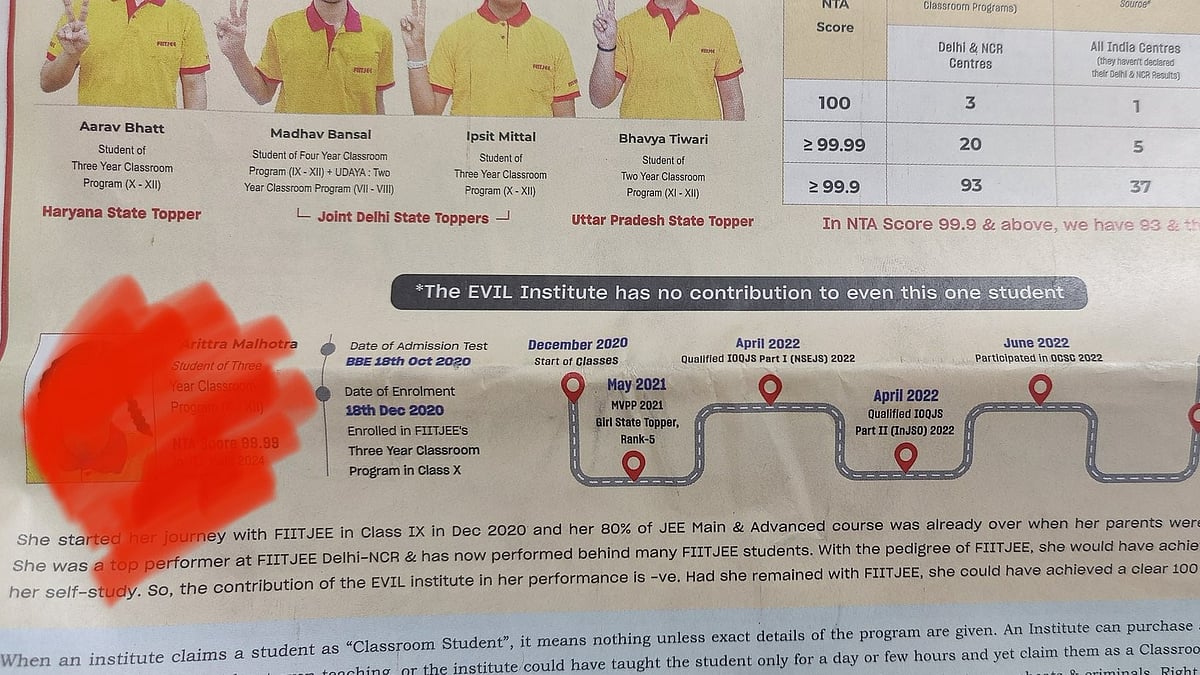 X/@katyayani13 : The advertisement by FIITJEE was displayed on the front page of a leading newspaper
