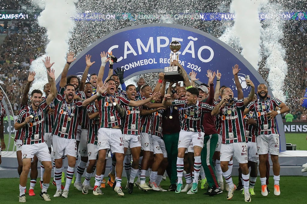 Fluminense players celebrate after beating Liga de Quito in the final and winning the Recopa Sudamericana 2024 title at the Maracana Stadium in Rio de Janeiro, Brazil on Friday, March 1.