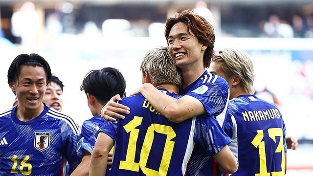 Photo: X/ @jfa_en : Japan national football team after beating Bahrain 3-1 in AFC Asian Cup Qatar.