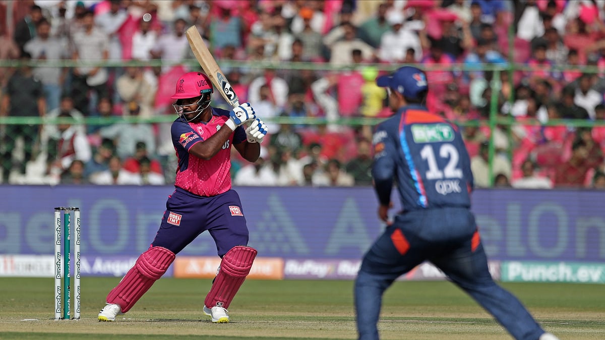 AP Photo/Pankaj Nangia : Rajasthan Royals' captain Sanju Samson bats during the Indian Premier League 2024 match between Rajasthan Royals and Lucknow Super Giants in Jaipur.