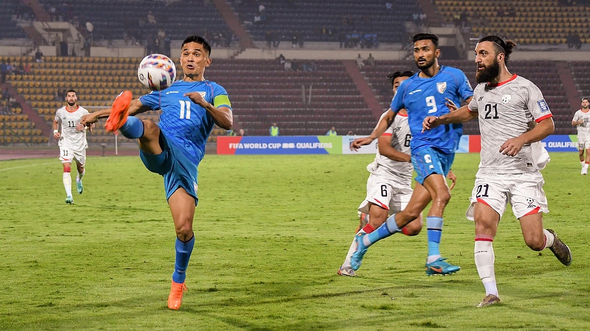 India captain Sunil Chhetri tries to control the ball during FIFA World Cup 2026 qualifying match at the Indira Gandhi Athletic Stadium in Guwahati on March 26, 2024. - Credit: PTI Photo