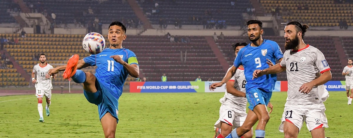 Credit: PTI Photo : India captain Sunil Chhetri tries to control the ball during FIFA World Cup 2026 qualifying match at the Indira Gandhi Athletic Stadium in Guwahati on March 26, 2024.
